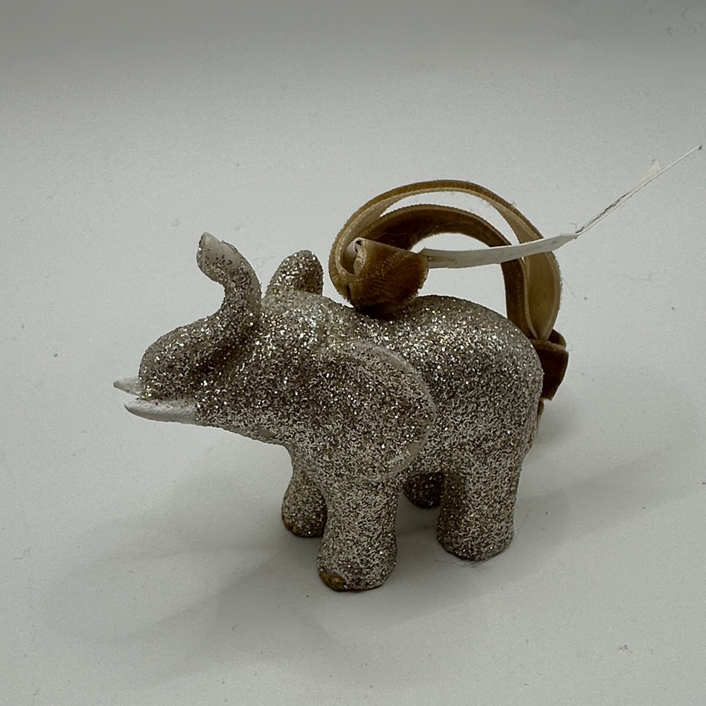 Glitter Elephant Figurine - Silver with gold ribbon